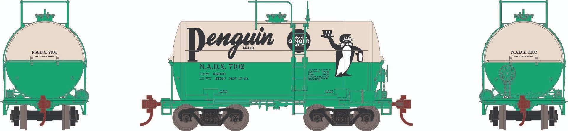 Athearn 97174 HO 30ft NACC 8,000 Gallon Tank Car Penguin Ginger Ale #7102 1 Athearn 97174 HO 30ft NACC 8,000 Gallon Tank Car Penguin Ginger Ale #7102